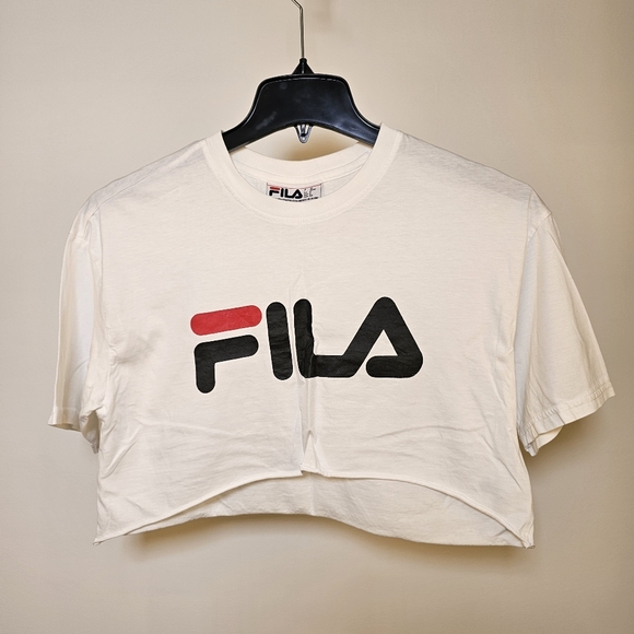 Fila white cotton knit short sleeve graphic crop top t-shirt women size S US - Picture 2 of 5